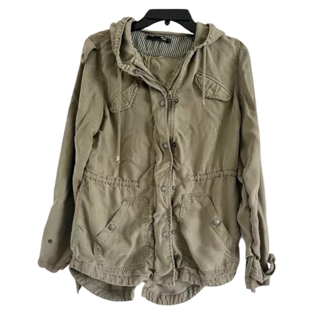 Max Jeans Olive Green Tencel Utility Jacket Hooded Field Coat Lightweight XL